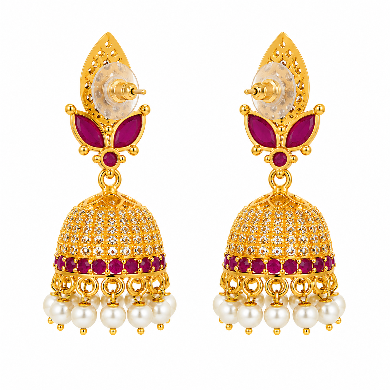 Royal Magenta Stone & Pearl Jhumka Earrings
